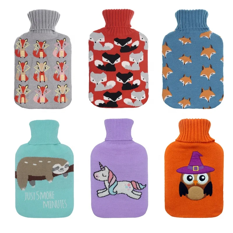 1000ml / 2000ml natural rubber pvc hot water bag bottle knitted plush fur fleece cover for customers to choose