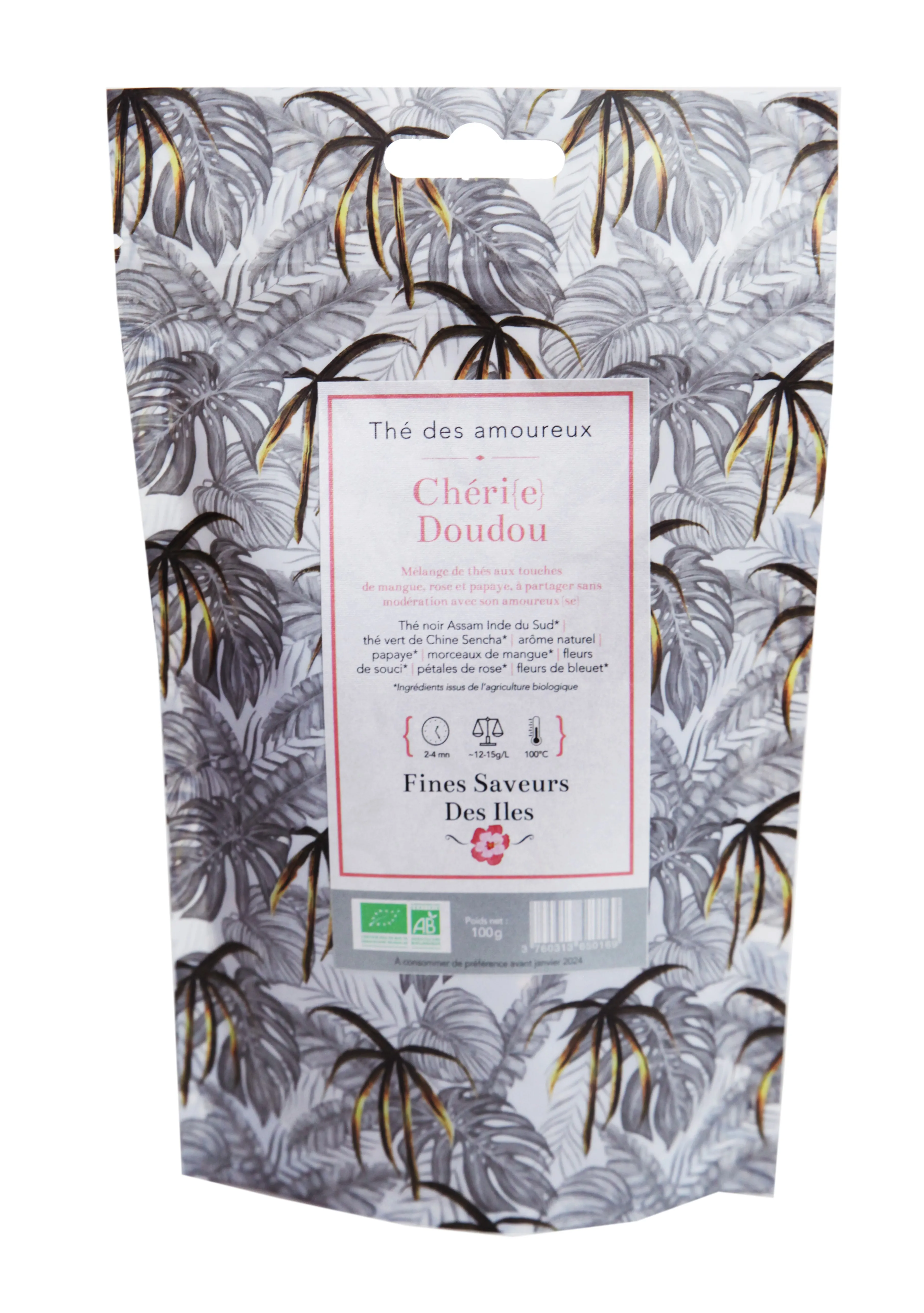 FINES SAVEURS DES ILES LOVERS EXOTIC TEA  CHERI DOUDOU BIO  Metal Box 100G Black Green Tea exotic fruits flowers