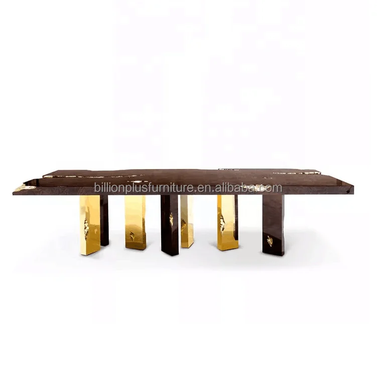 Bocadolobo Empire Luxury Golden Stainless Steel solid wooden dinning table set 8 chairs dining room furniture