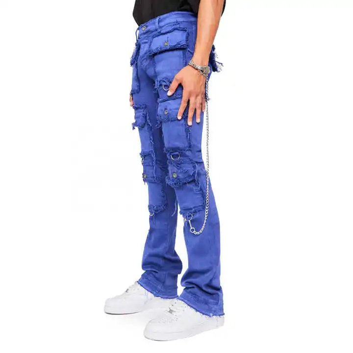 High Quality Men Denim Cargo Jeanes Pants Fashion Custom Logo Winter and Summer Streetwear Blue Slim OEM Stacked Jeanes Men