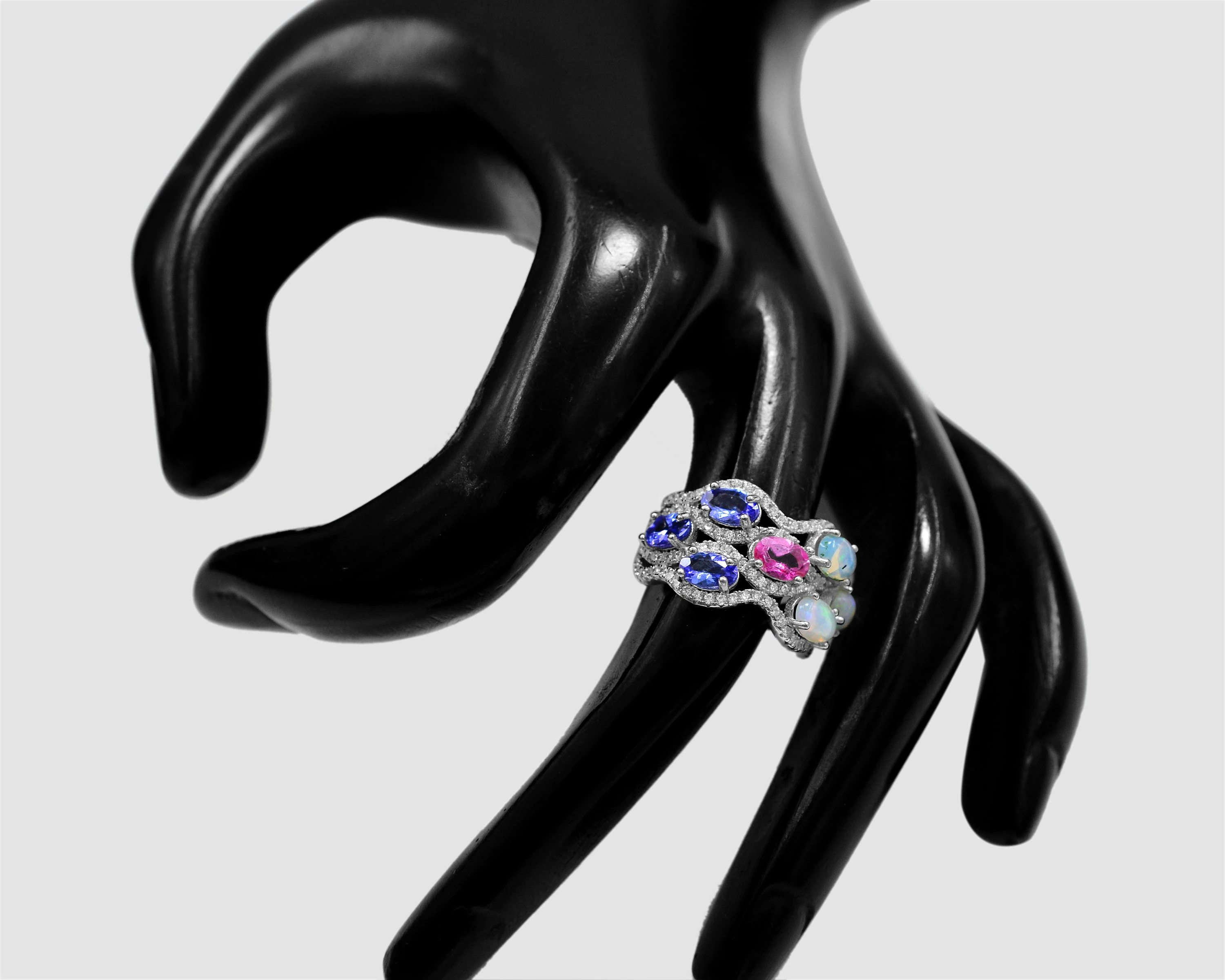 Natural Opal Tanzanite Fire Opal Pink Topaz Oval Multi Gemstone 925 Sterling Silver Cluster Wedding Ring Indian Manufacturer