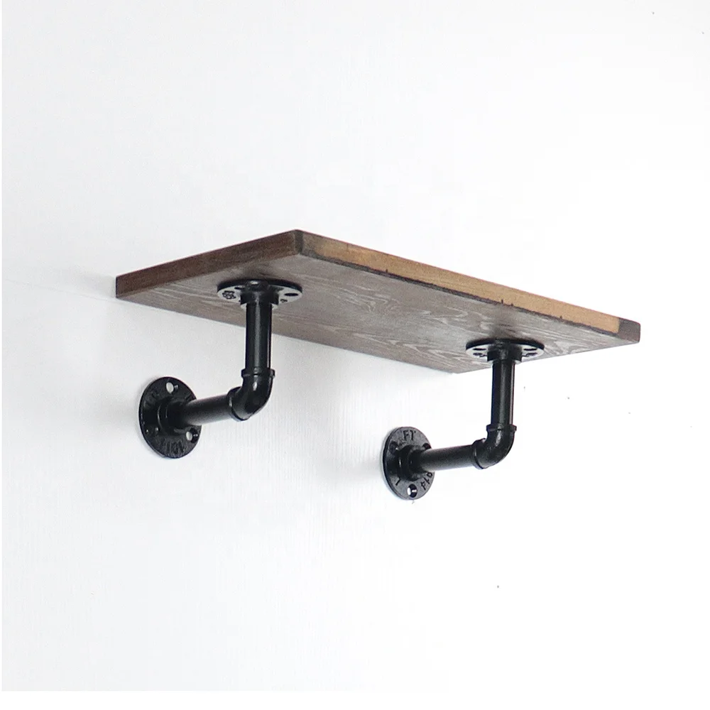 Industrial Vintage 2-Storied Wooden Etched Steel Tube Wall Shelving Unit