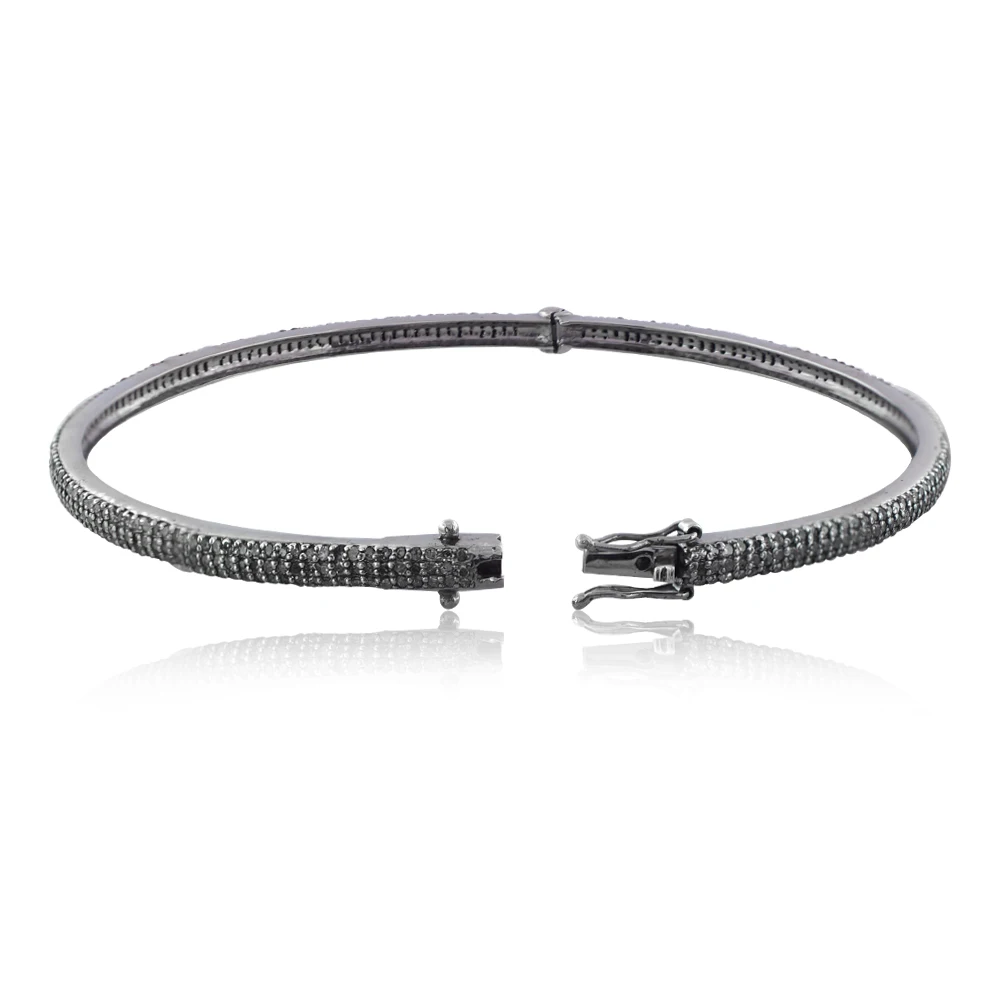 Pave Brown Diamond 925 Silver Openable Lock Bangle Oxidized Bracelet Handmade Round Jewelry 56 MM Gift for Her