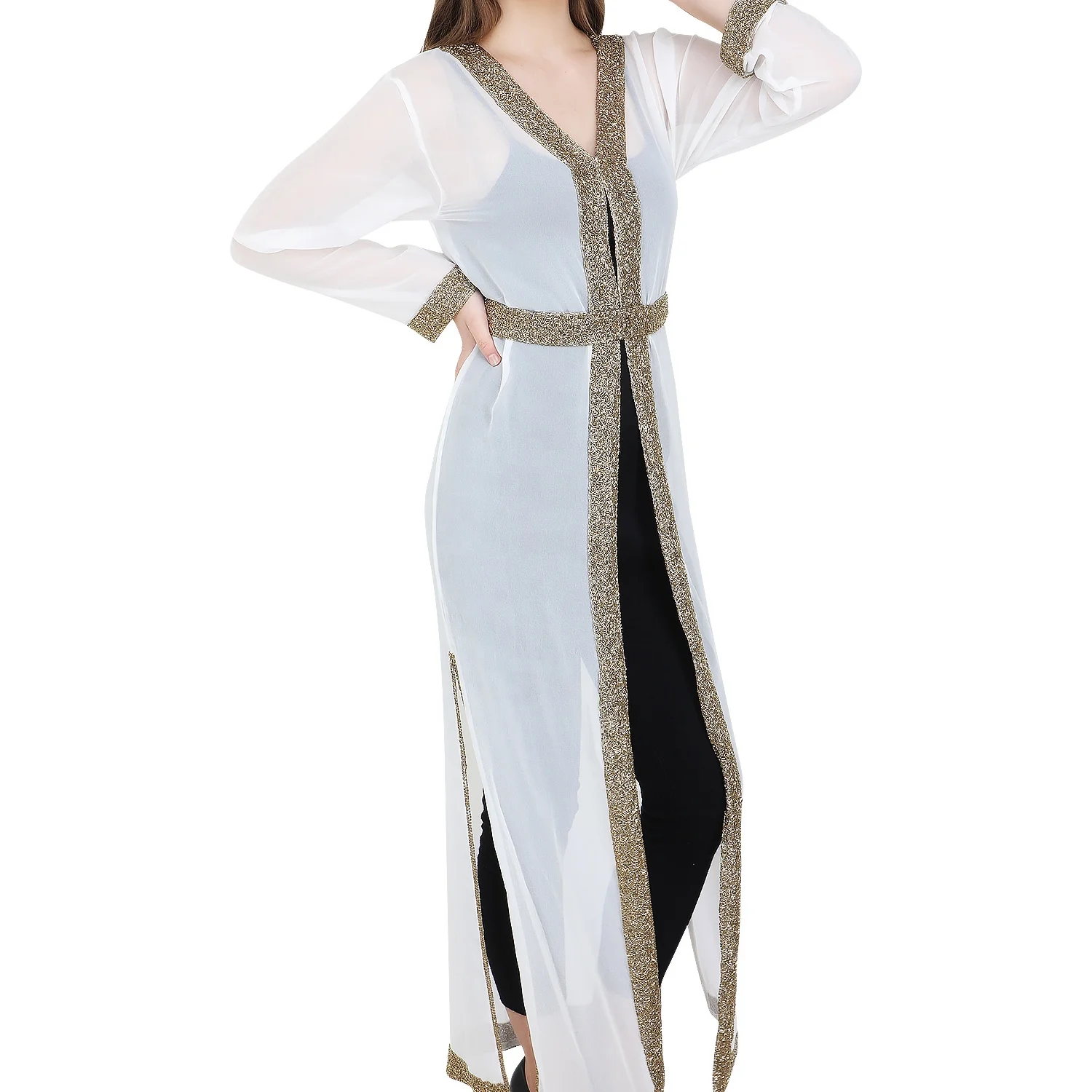 2022 EID Collection Dubai Abaya Georgette Front Open Style With Bead Work Belt Hand Embroidery Luxury Full Length dress for lady