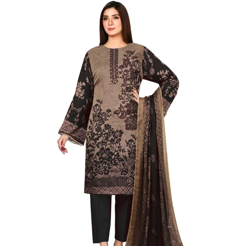Pakistani wholesale Stitched Linen Warm Fabric salwar kameez in Mehndi color over Neckline Embroidery & Dhanak Dupatta for women