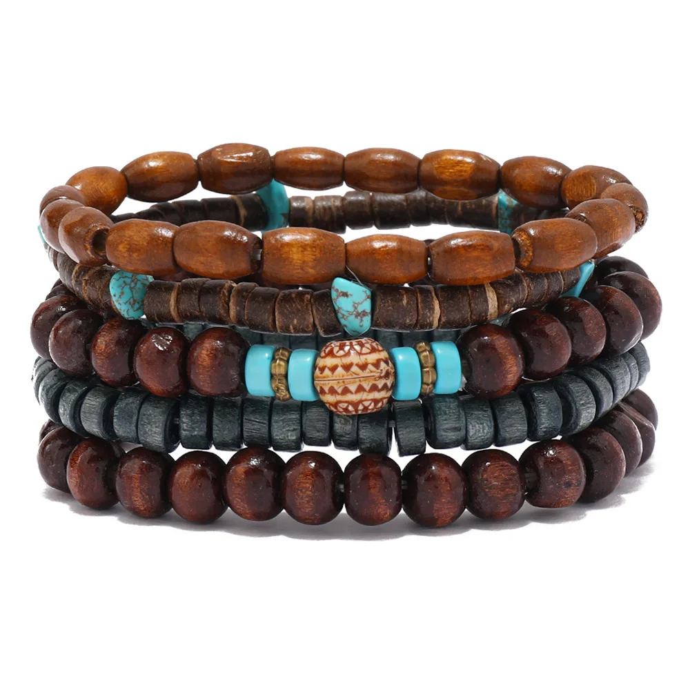 Fenyi wholesale jewelry 5-piece set Bohemian elastic leather wooden beads retro simple fine beaded bracelets for women