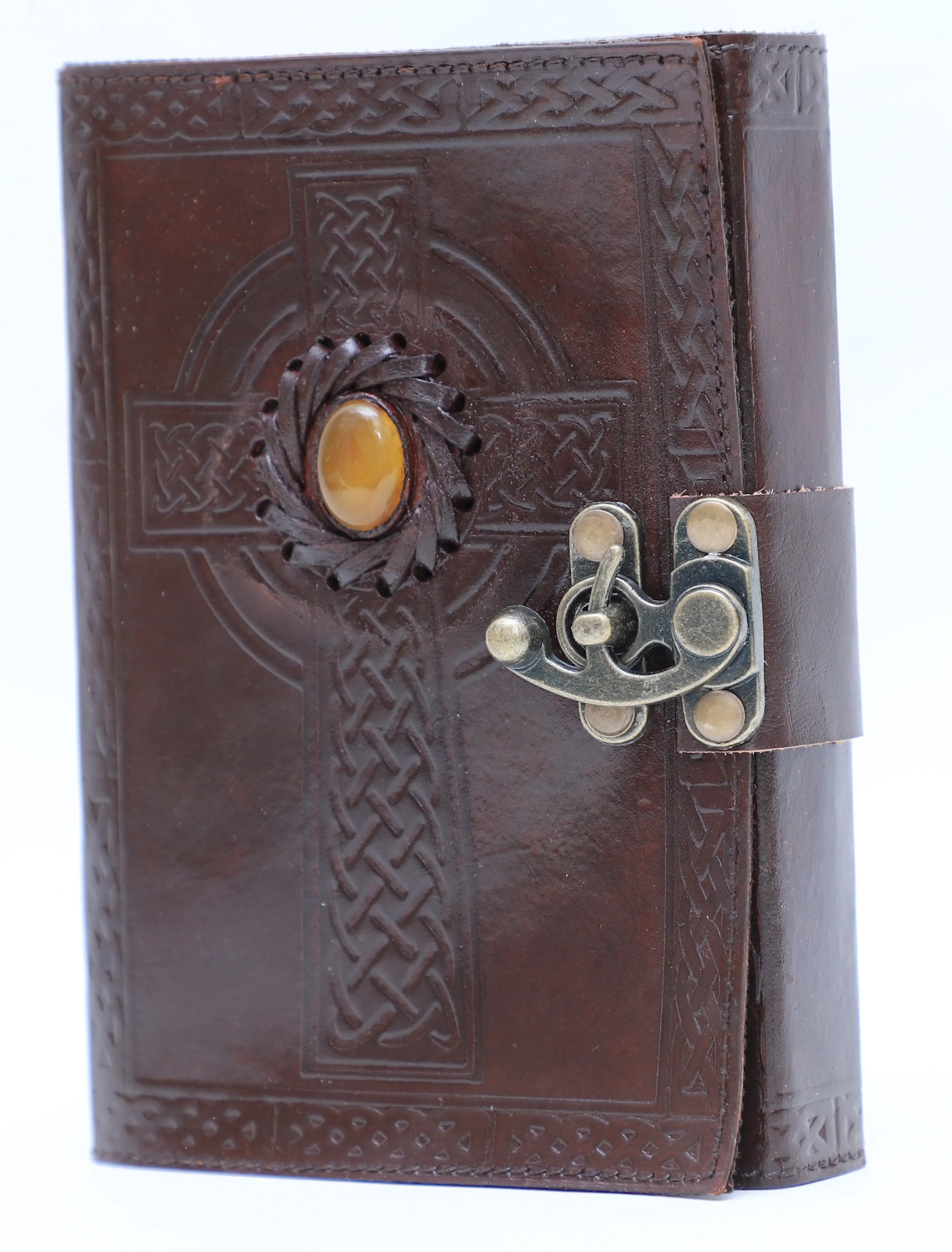Celtic Cross With Tiger Stone Handmade Leather Journal Blank Page Sketchbook Brown Hardcover Notebook With Antique Metal Lock