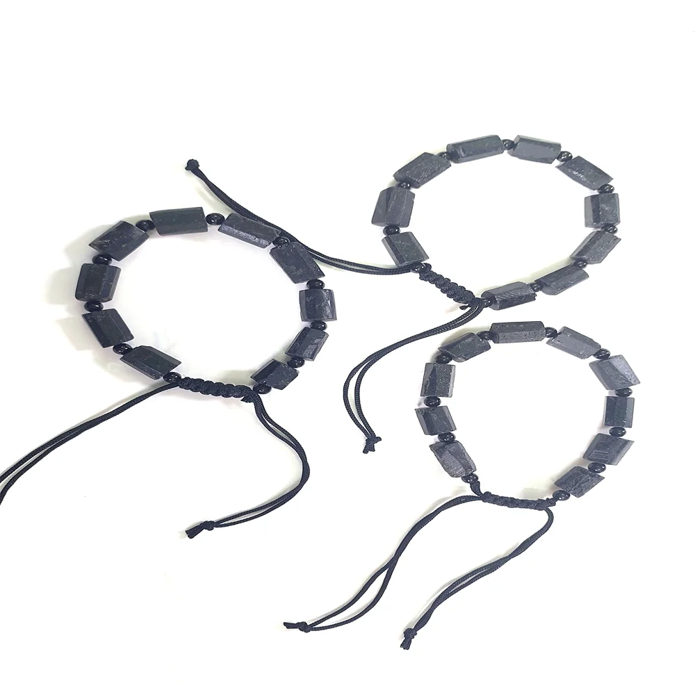 Adjustable Trendy Natural Black Tourmaline Tube Bracelet with Cotton String Fashionable Bangles & Bracelets