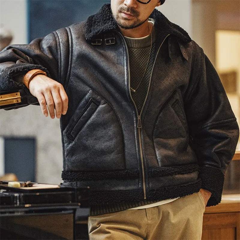Retro B3 Leather Bomber Jacket Men Fur One-piece Plus Velvet Suede Motorcycle Jacket for Men Winter Jacket Woven Adults Regular