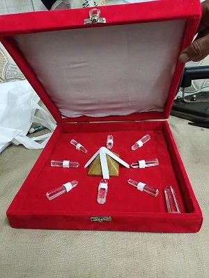 New healing crystal box with one pyramid and seven pencils of clear quartz with red box for wholesale now available