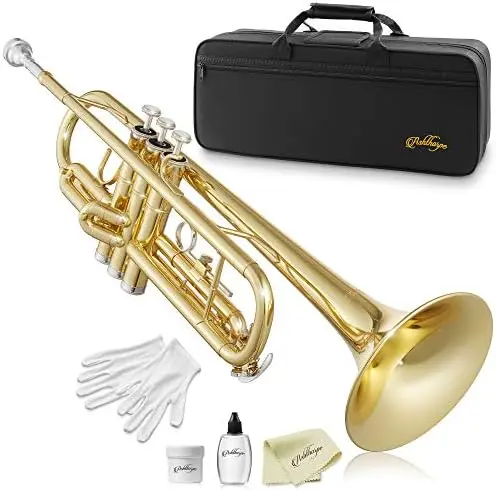 Ashthorpe Standard Bb Trumpet with Gold Brass Finished - Includes Case, Mouthpiece, Gloves, Cleaning Cloth, Valve Oil