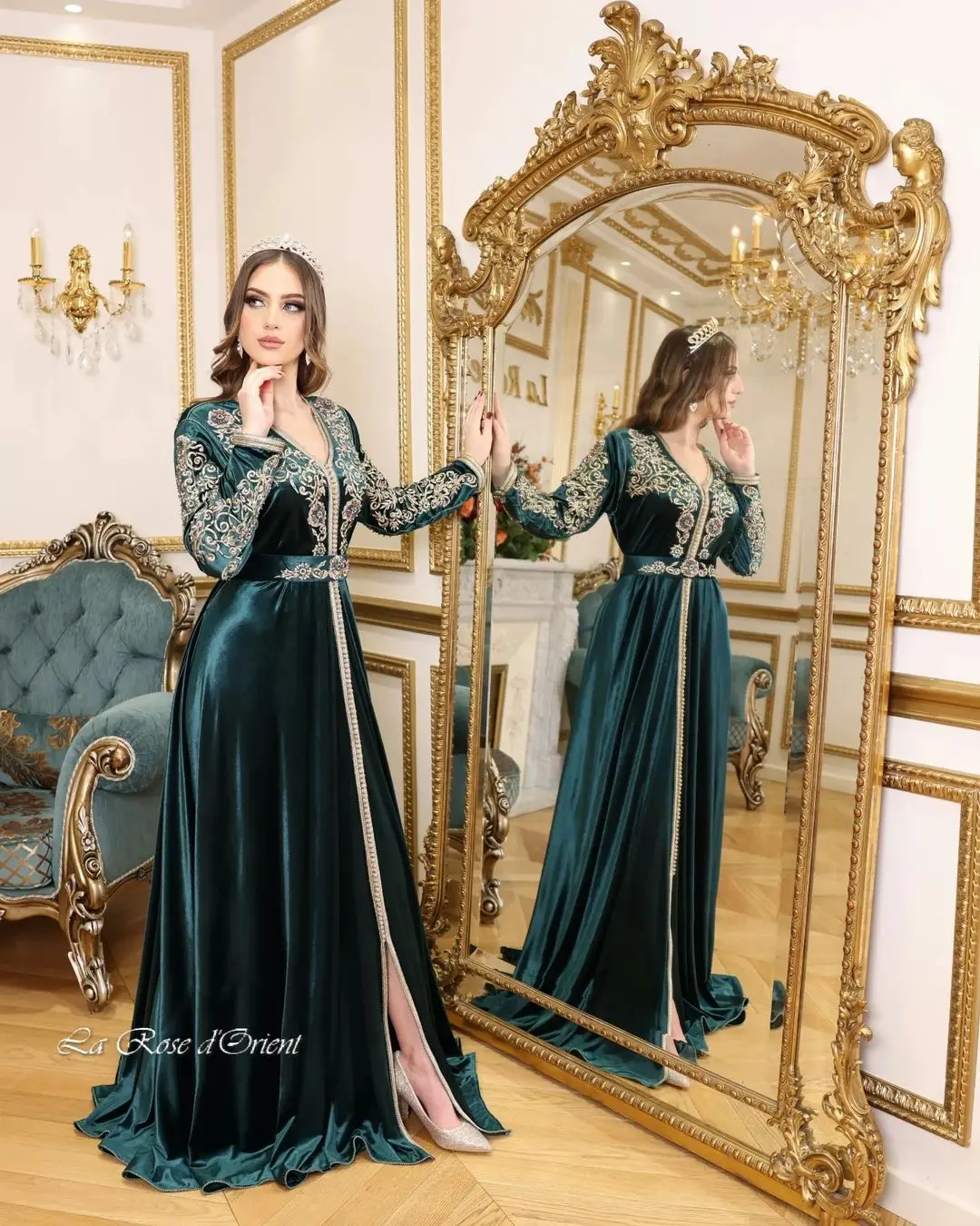 Bottle Green Satin Silk Color Velvet Eid Ramadan Hand Work Moroccan Caftan Kaftan Dress Party Wedding Traditional Moroccan Cloth