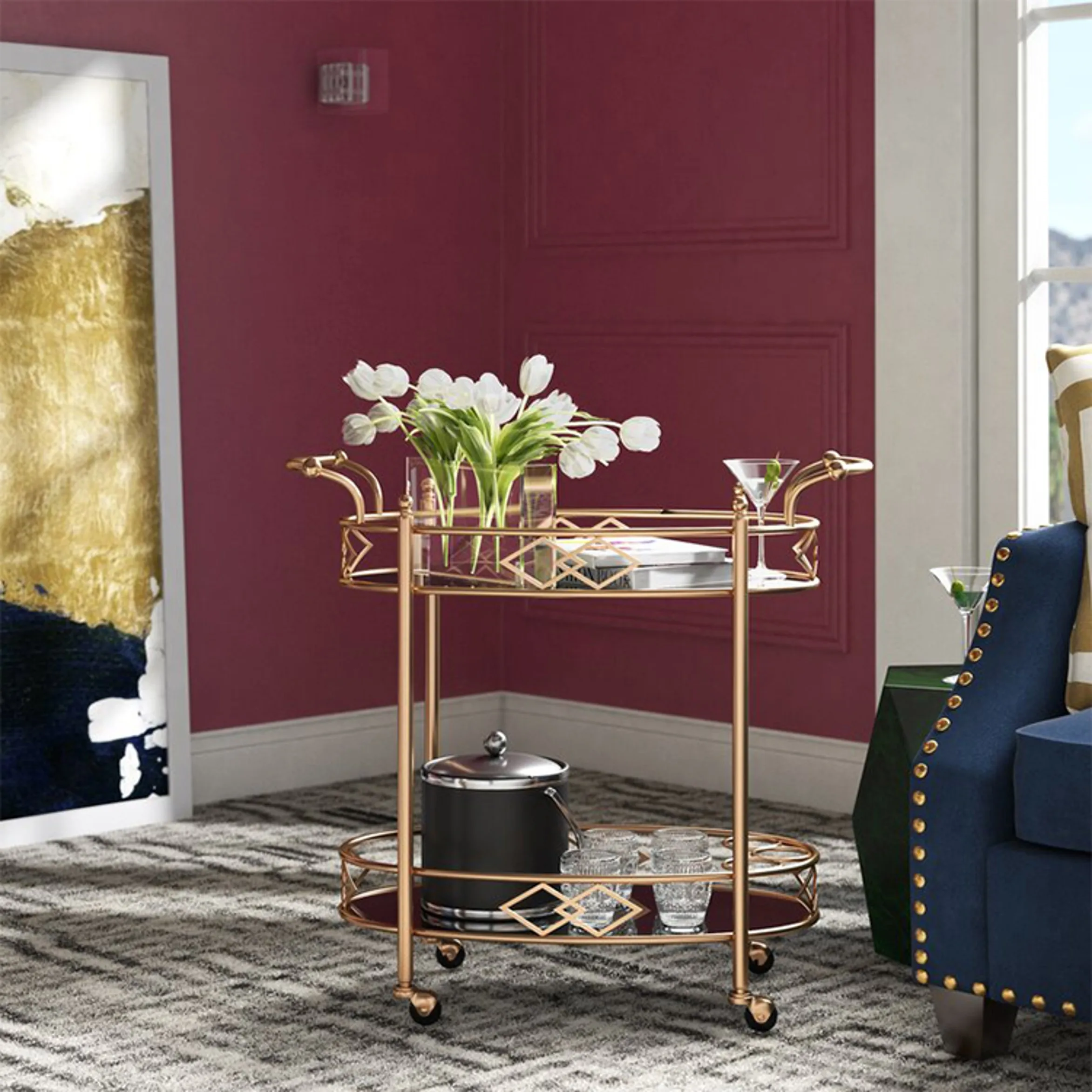 Modern trolley double-layer oval serving Gold bar cart top quality metal glass material Luxury modern style gold bar cart