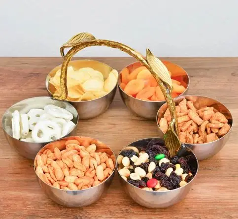 Metal Decorative Bowl with brass gold leaf handle Set of 6 small round metal salad personalized mixing stainless steel bowls