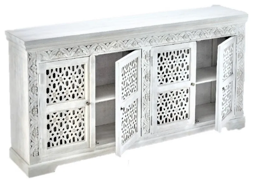 Solid White Mango Wood Sideboard Handcarved for Bedroom Dining Room Hotel Farmhouse Home Bar Furniture with Storage Features