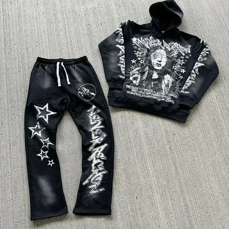 Custom Acid Wash Tracksuit Heavyweight Flared Sweatsuit Custom Screen Printing Distressed Acid Wash Hoodie And Sweatpants Set
