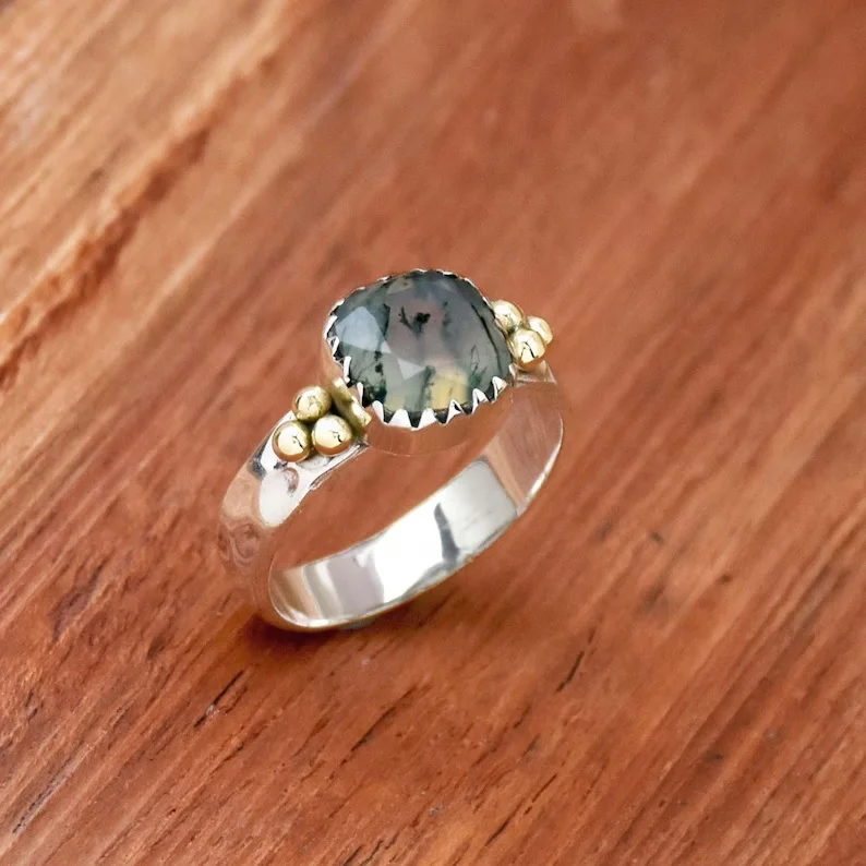 Кольцо из мха и агата 925 стерлингового серебра подушка драгоценный камень эффектное кольцо украшенное бисером обручальное подарок для нее