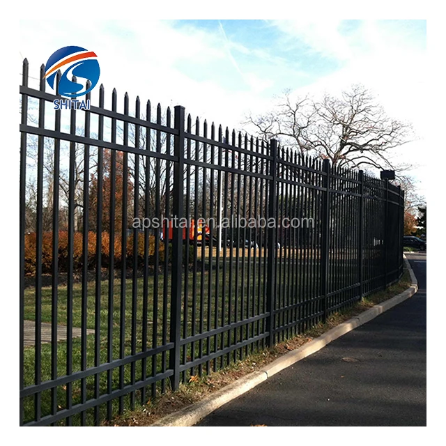 Heavy duty steel fence panels black metal anti climb fence security industrial steel fence with spear top for hot sale