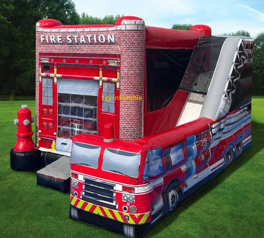 Commercial PVC fire truck inflatable bouncer combo jumping bouncy house slide combo slide for rental business