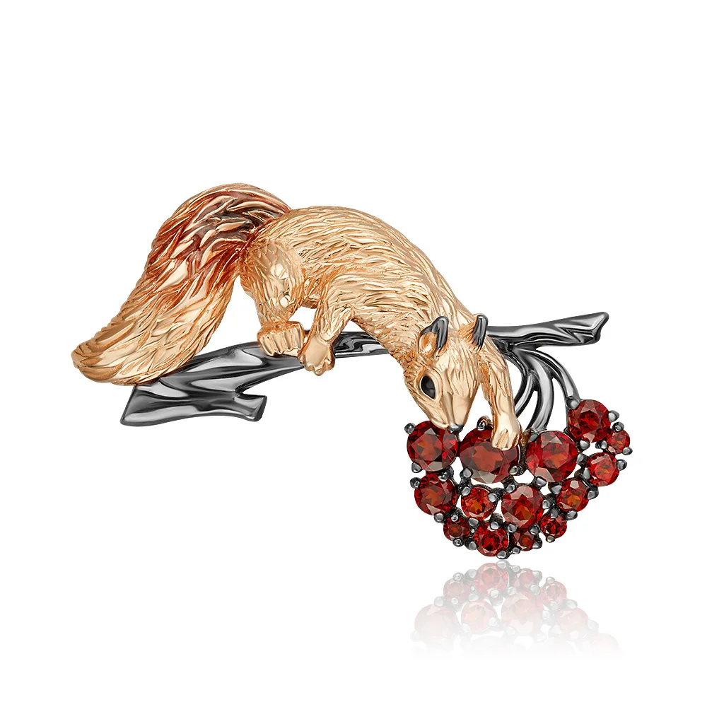 Exclusive Combined 14 K solid Rose White gold Squirrel brooch garnets enamel