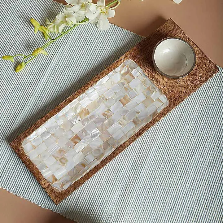 Rectangular Wooden Serving Platter with Mother of Pearl Metal Enamel Coated Bowl Kitchen Dining Home Hotel Restaurant Decoration