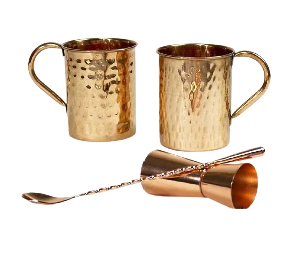 Moscow Mule Mugs Set 100% Food-Safe Pure 2 Copper Mugs Stirring 1Spoon and 1 copper Measuring Glass
