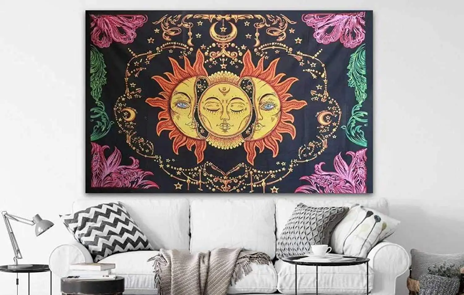Terot Triple Burning Sun Moon & Star Mystic Hippie Bohemian Psychedelic Mandala Cotton Wall Hanging Tapestry (Brush Paint