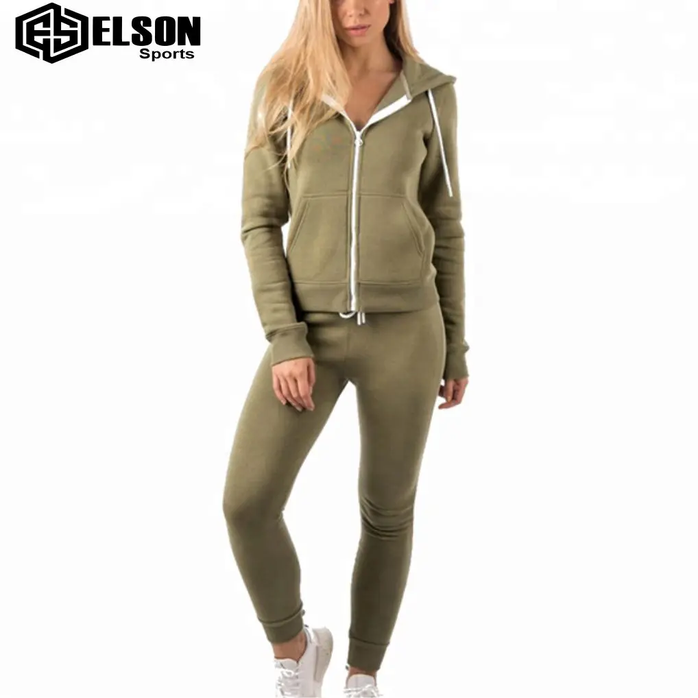 Cut And Sew OEM Manufacture 100% Cotton Fleece Zipper Hoodies Jogger Slim Fit Training Fitness Tracksuits For Women
