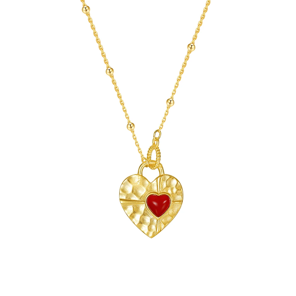 Trendy new sterling silver 925 gemstone jewelry 18k gold red agate onyx heart lock shape pendant necklace for women