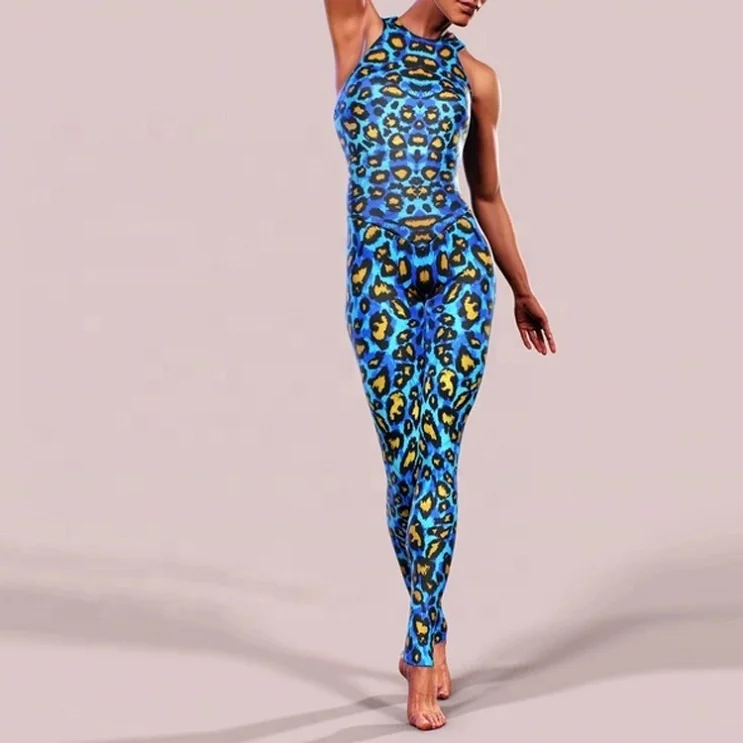 Workout Custom Printed Leopard Pattern Tight Sleeveless Yoga Jumpsuit For Women by Punchin SPorts