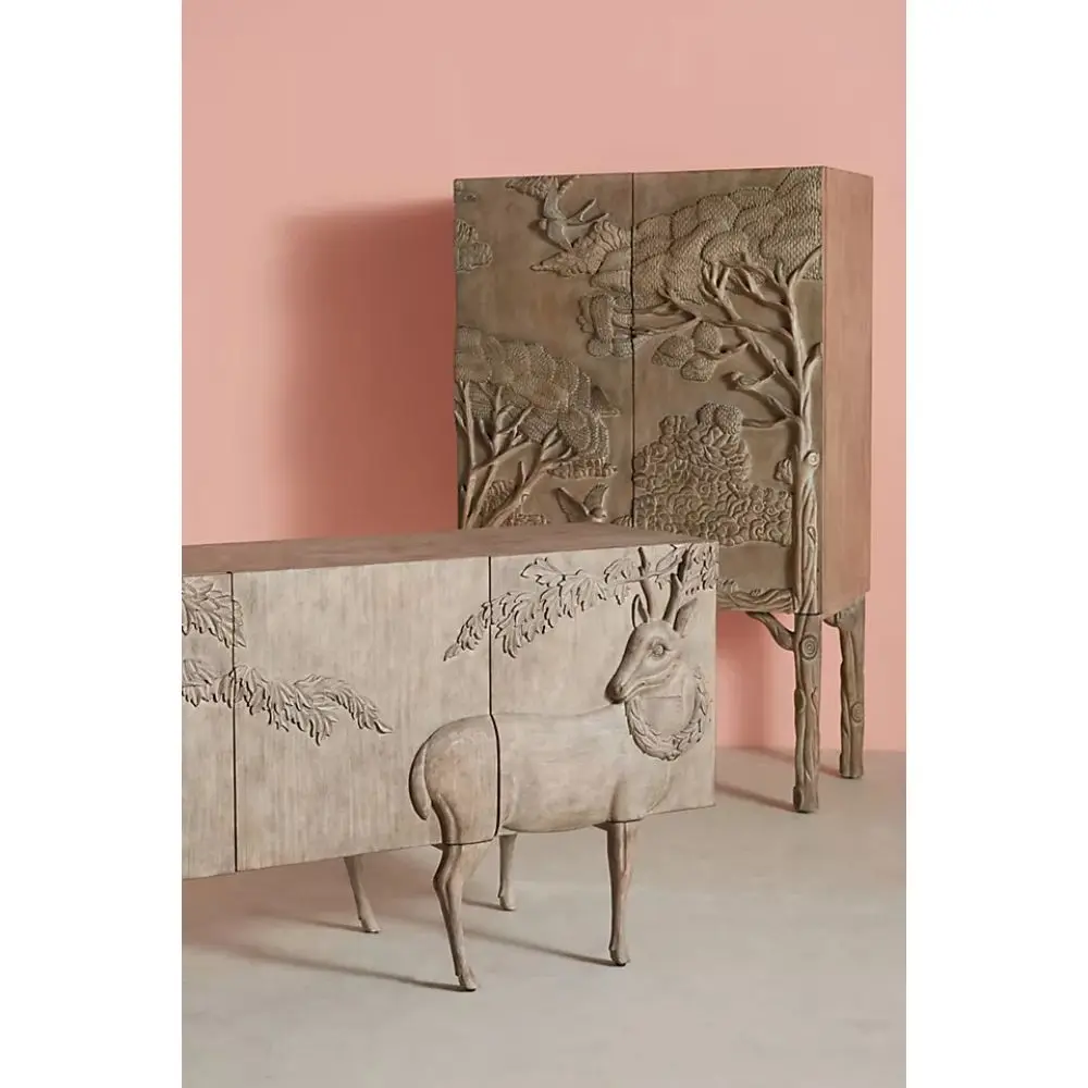modern luxury vintage antique royal living room wooden carved handmade bird and trees hand carved land sky cabinet sideboard MAH