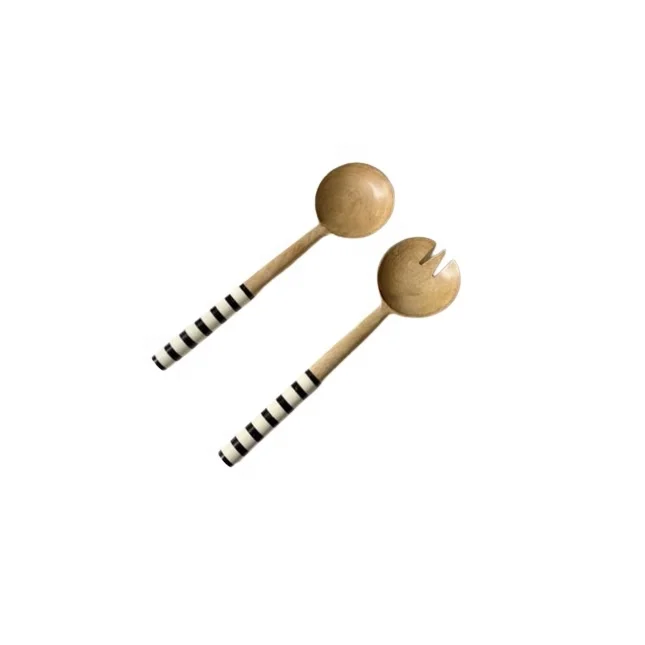 Wooden Salad Server Terrazzo Handle Acacia Wood Salad Server Spoon Set Steel Kitchen Fruit Vegetable Spinner kitchen gadgets