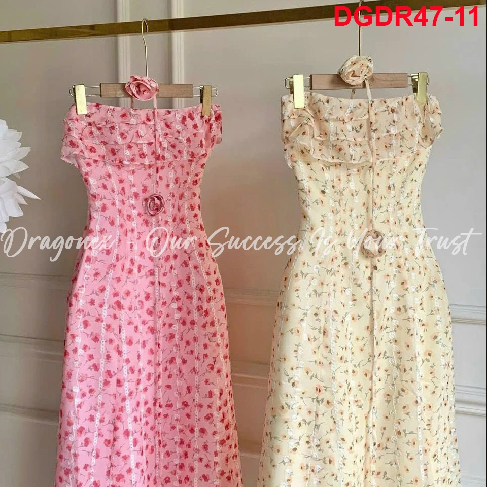 [Party Evening] Elegant Yellow Chiffon Floral Print Strapless Dress With Small Floral Bow From Dragonex 2024 Preferential HOT