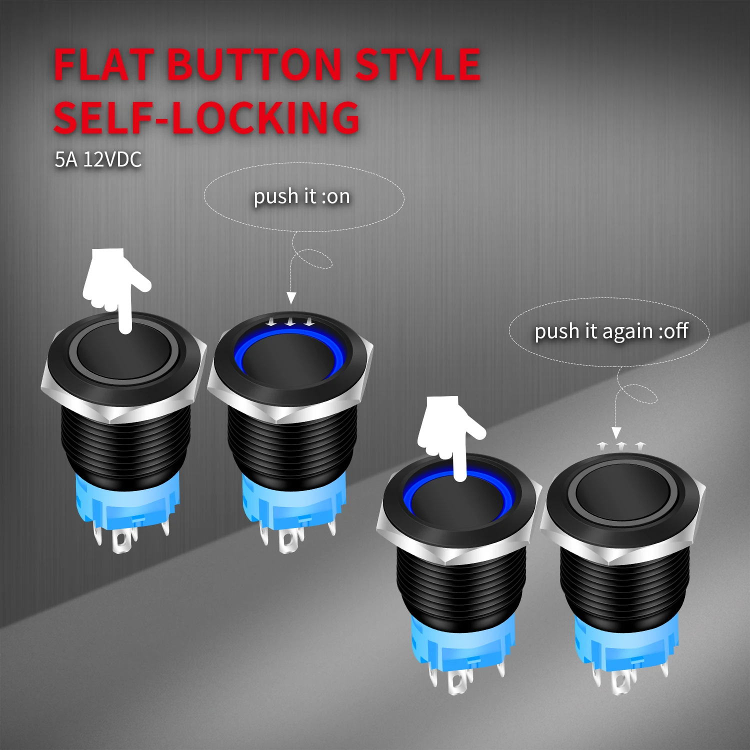 DaierTek 19mm IP65 1NO 1NC 5 Pins Lighted Waterproof Latching Metal Push Button Switch With 12V Blue LED For Car