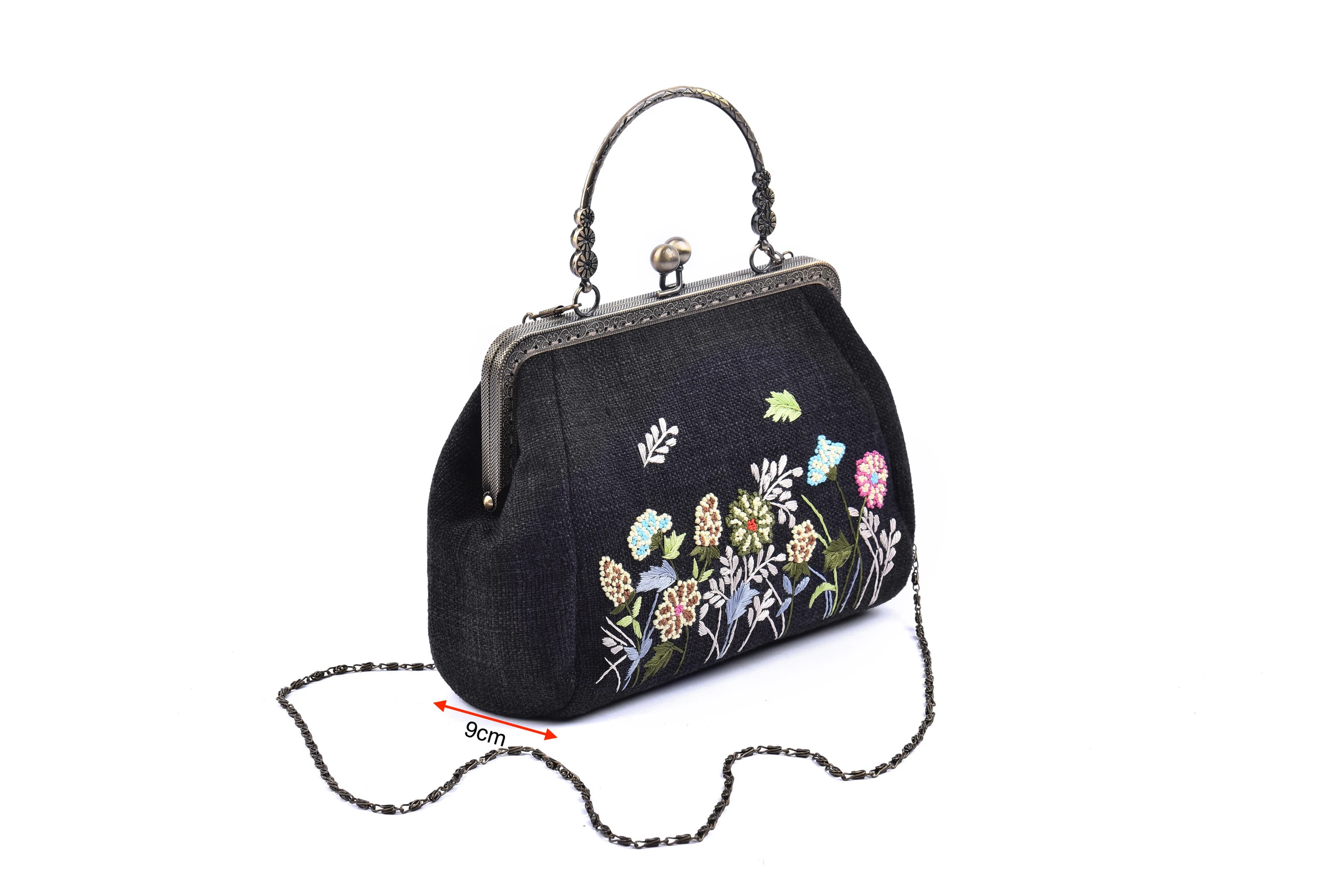 Shoulder Hemp Bag with Copper Binding Straight Hand Strap Sequin and Glass Bead Flowers and Grass Patterns Embroidery Chain