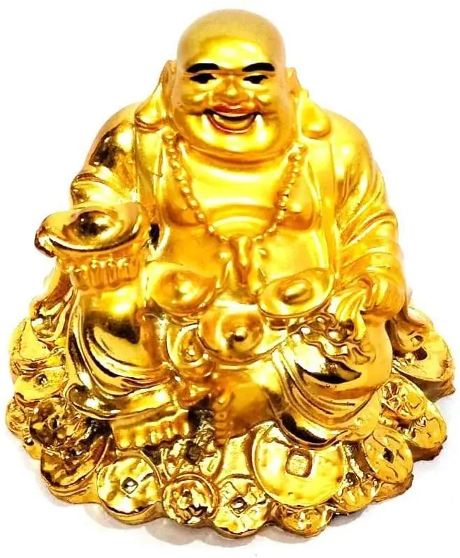 Feng Shui Laughing Buddha Sitting on Luck Money Coins Carrying Golden Ingot for Good Statues Figurines Sculptures Luck & Wealth