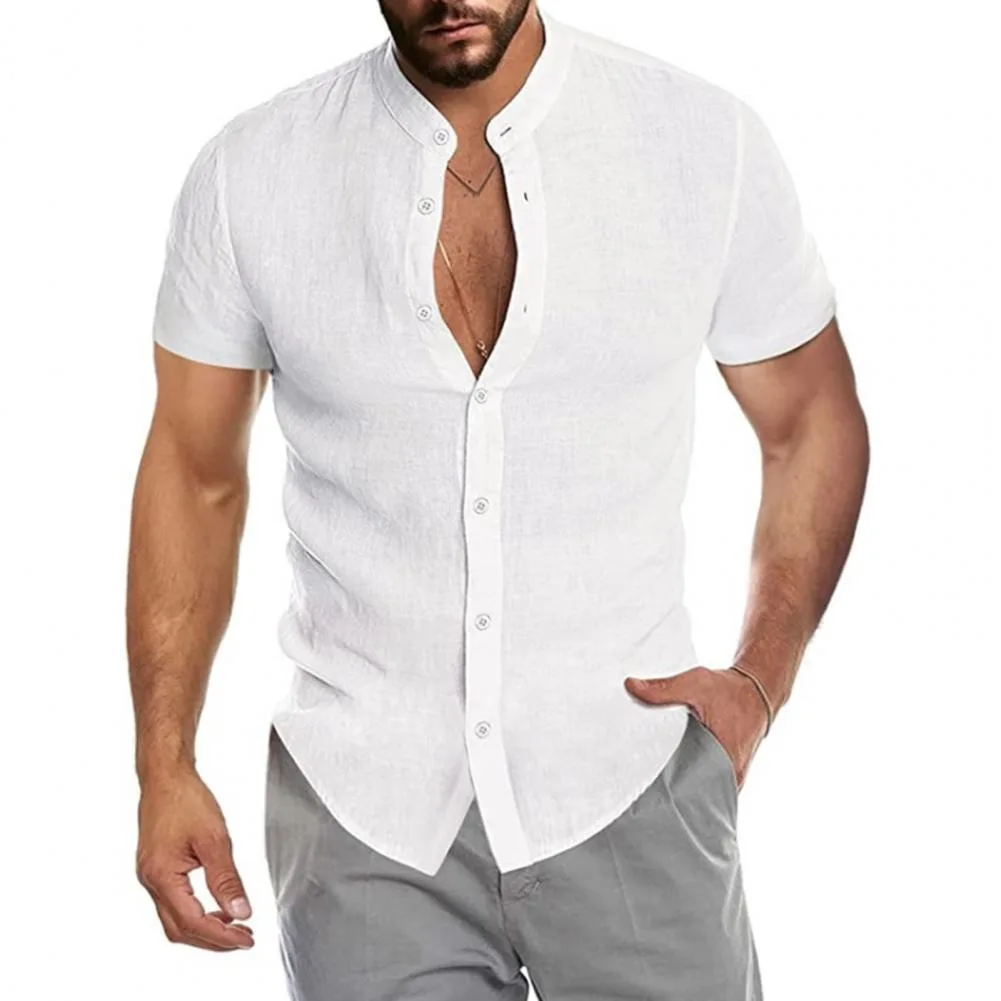 Linen Men Shirt summer 2022 Stand Collar Short Sleeve Beach Shirt V Neck Pocket Men Shirt