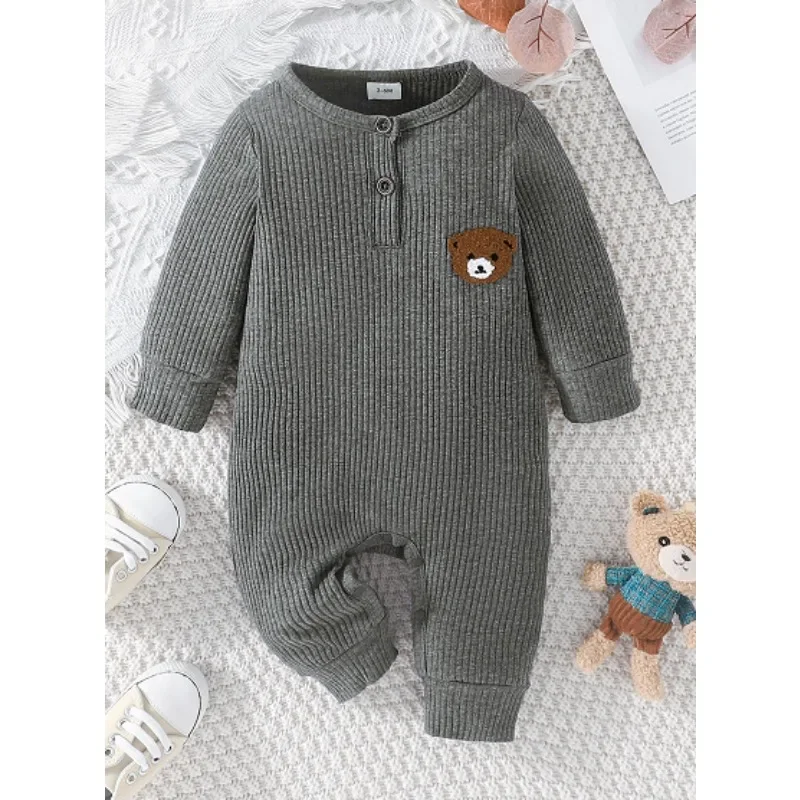 Newborn Baby Clothes Cartoon Bear Tiny Button Onesies For Baby Boy Long Sleeve Infant Romper Toddler Jumpsuit