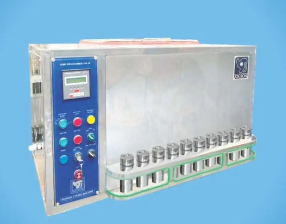 Manufacturer of Glycerin Bath Beaker Dyeing Machine Apparatus Comprises of Tank, Beaker and Gear Box Made In India