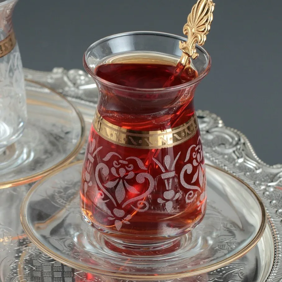 Высококачественный чайный сервиз с ручкой (6 чайных чашек + 6 блюдец) декор: Petek Цвет: золотистый