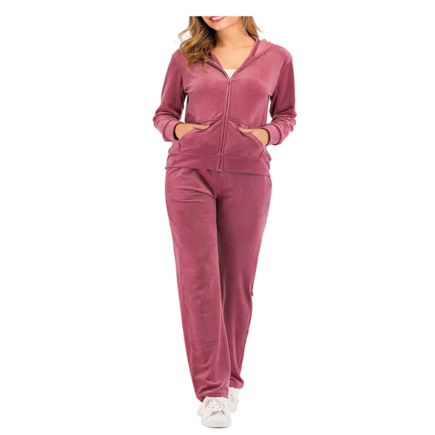 Buy Breathable Clothes Women Two Piece Zipper Hoodie And Trousers Women Velour Velvet Tracksuit