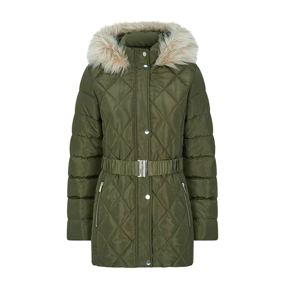 2023 New Design Womens Long Faux Fur Trim Hood Belted Quilted Jacket Puffer Coat