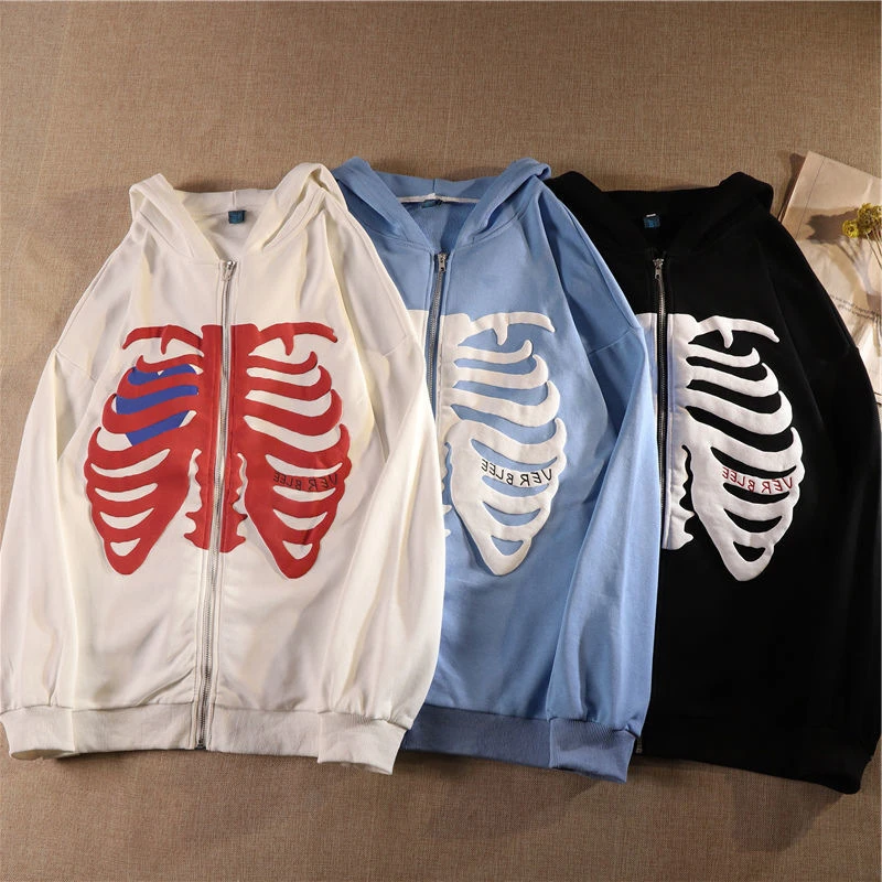 American Fashion Hot-selling Skeleton Printing Anime Men Women Long Sleeve Zipper Hoodie Jacket Loose Casual Streetwear Pullover