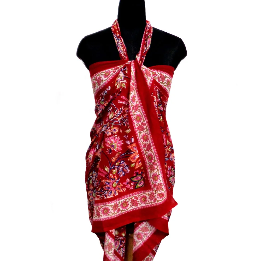 Latest Design Misty Red Gud Indian Women Wear Beach Wrap Hand Block Printed Cotton Sarong For Sale