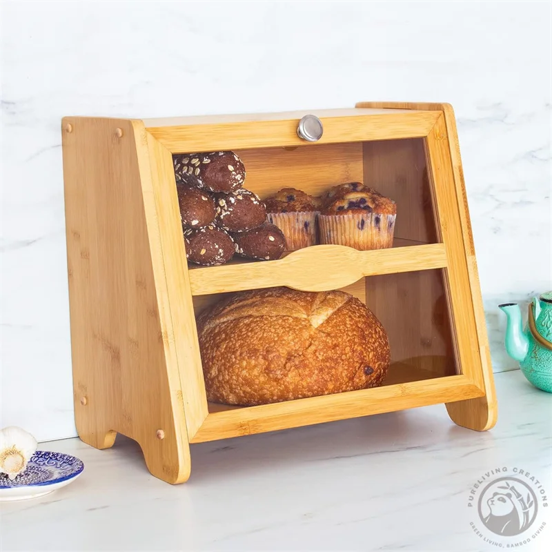 Bamboo Bread Box for Kitchen Countertop, Wooden Kitchen Counter Organizers and Storage for Bread, Coffee, Spices, Snacks