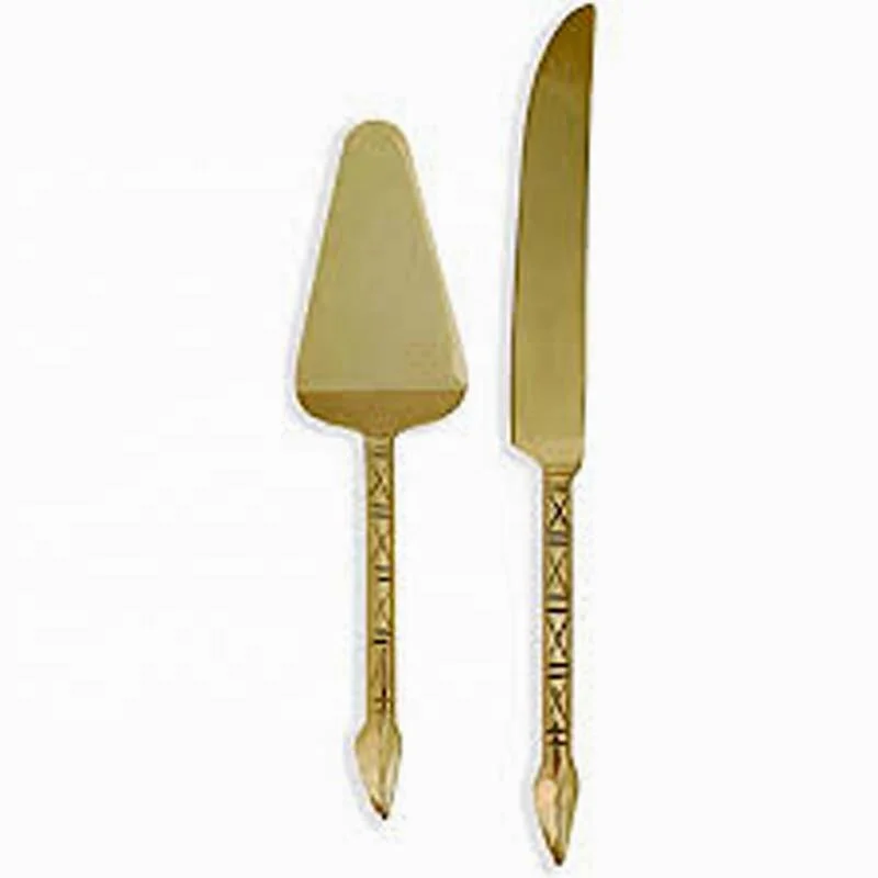 Wedding Decorating Square Design Handle Cake Knife & Server Serving Set Amazing Design Stainless Steel Gold Matte Spatula Set