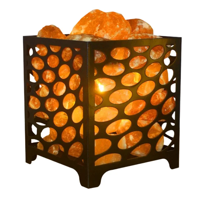 Original pink Natural Himalayan Salt Basket Lamp,Tall Round Metal Crystal Basket Lamp,Night Stand Light For Bedroom Decoration