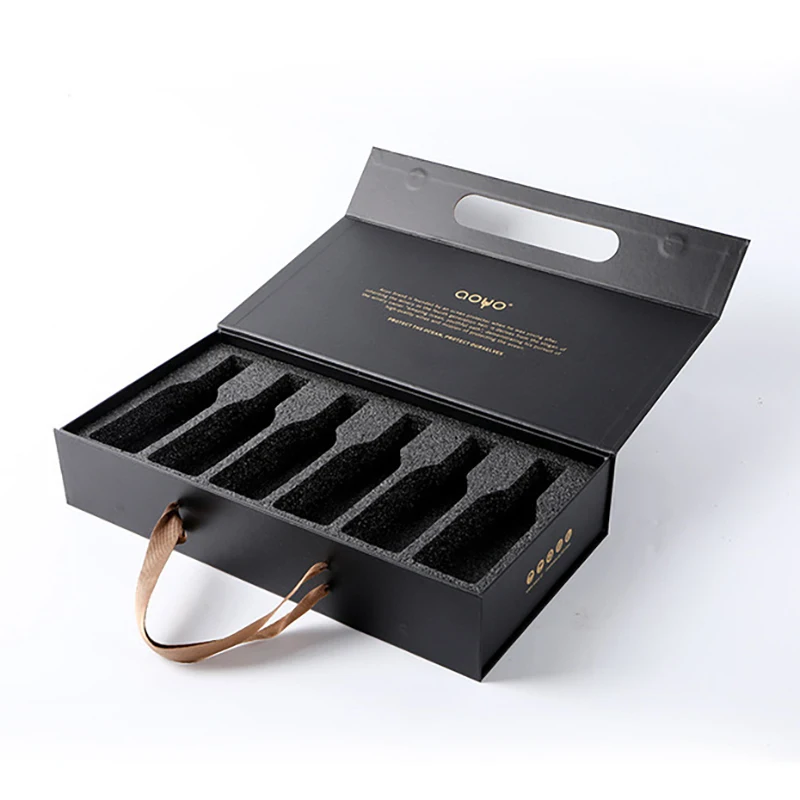 Custom logo rigid cardboard matte 6 bottles wine handle black packaging box wine gift box with Eva foam insert
