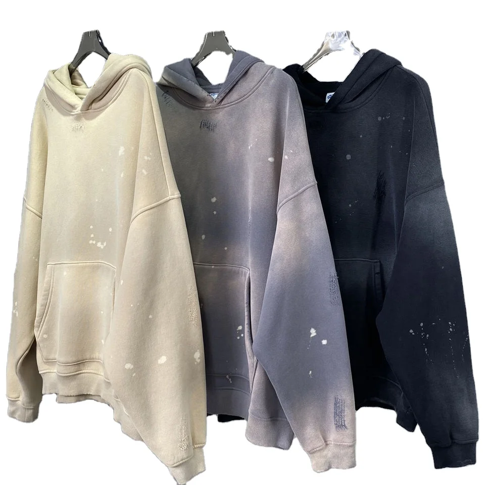 Wholesales Heavyweight Logo Customized Acid Wash Hoodies Fleeces With Distressed Style  Men Hoodies For Casual Wear