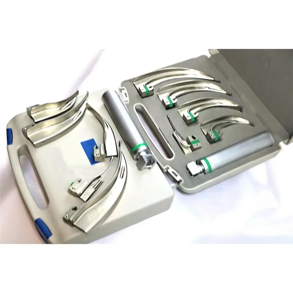 Laryngoscope Wholesale Price New Original Fiber Optic Laryngoscope Mac Set of 5 Blades & Handles EMT Stainless Steel